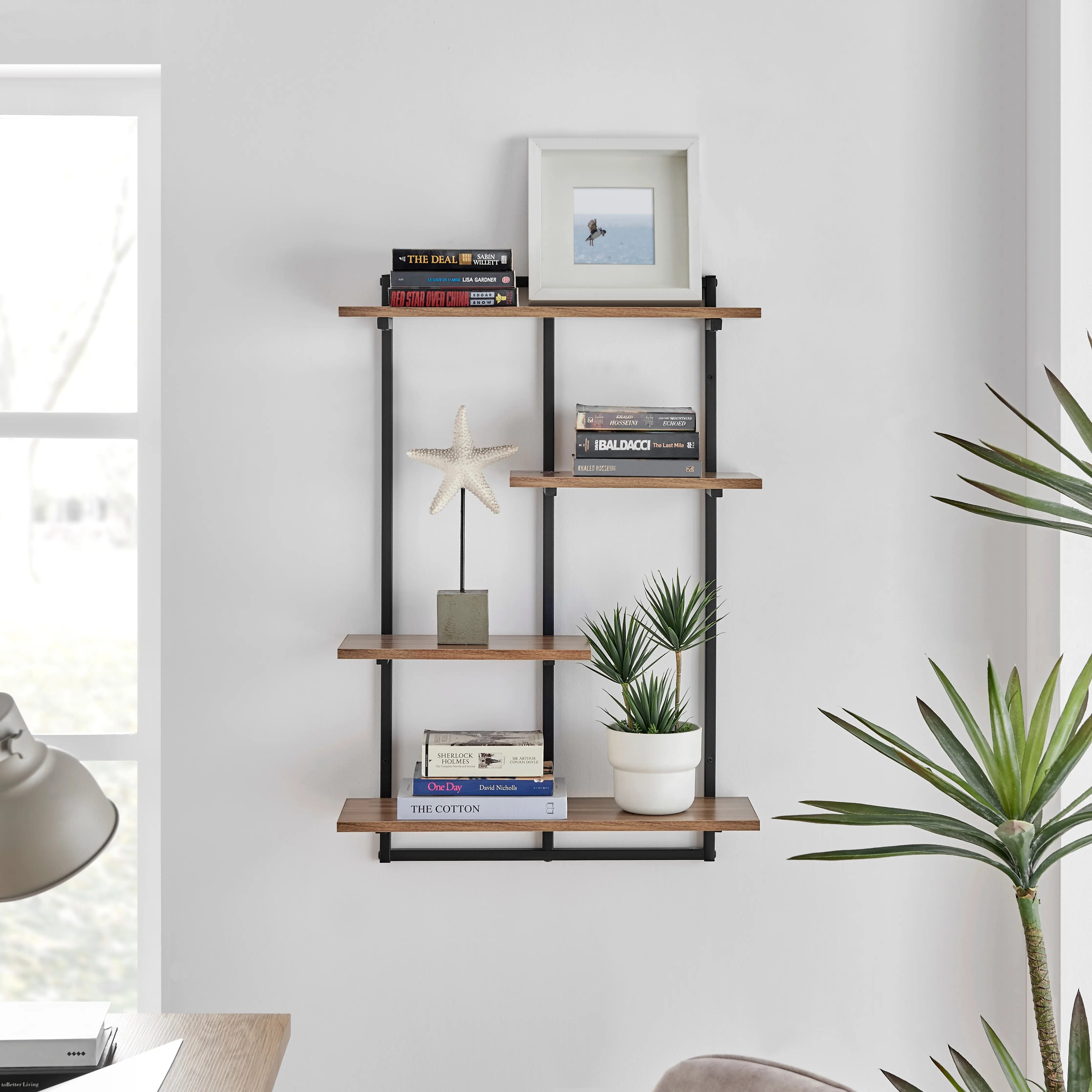 Rhodes 4 Tier Modern Floating Windowsill Wall Shelf Unit with Metal Frame