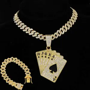 Mens Hip Hop Playing Cards Pendant Necklace Cuban Chain Bracelet Set - Hip Hop Shiny Necklace Fashion Jewelry Men Women Jewelry Crystal