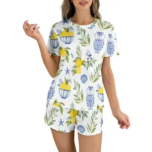 Lemon and Blue Vase Print White Pajama Set - Short Sleeve Sleepwear, Cozy Summer Loungewear