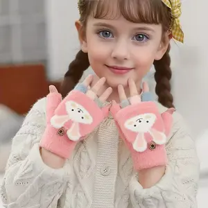 Winter Thick Fleece Kids Cartoon Rabbit Half Finger Gloves, Warm Knit Mittens for Writing & Outdoor Sports, Hand Washable Christmas Gift
