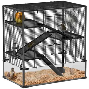 PawHut Large Hamster Cage with Deep Tempered Glass Bottom, 4 Tiers Hamster Tank with Running Wheel, Hut, Water Bottle, Dish, Rat Cage for Syrian, Dwarf, Gerbils, Mouse, 31" x 19" x 31.5", Black