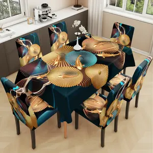 2/5/7PCS restaurant chair tablecloth cover, light luxury modern geometric nine fish pattern print, elastic polyester fiber sliding cover, sewn closed, detachable cleaning, suitable for home, office, hotel chair decoration, Chair Covers Set