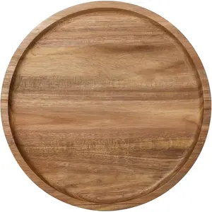 Round Wooden Serving Tray, 13.8 Inch Acacia Decorative Tray for Home Decor, Coffee Table, Farmhouse Style Wood Tray for Small Candle, Vases, Jewelry Organizer, Home Kitchen Dining Table