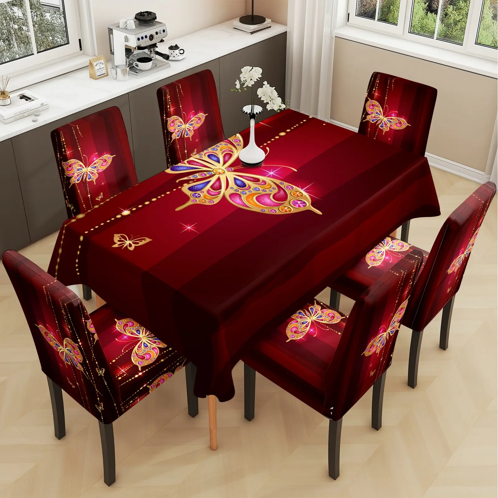 2/5/7PCS restaurant chair tablecloth cover, red butterfly pattern print, elastic polyester fiber sliding cover, Chair Covers for Dining Chairs Set, sewn closed, detachable cleaning, suitable for home, office, hotel chair decoration