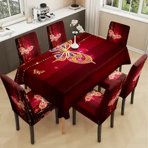 2/5/7PCS restaurant chair tablecloth cover, red butterfly pattern print, elastic polyester fiber sliding cover, Chair Covers Set, sewn closed, detachable cleaning, suitable for home, office, hotel chair decoration