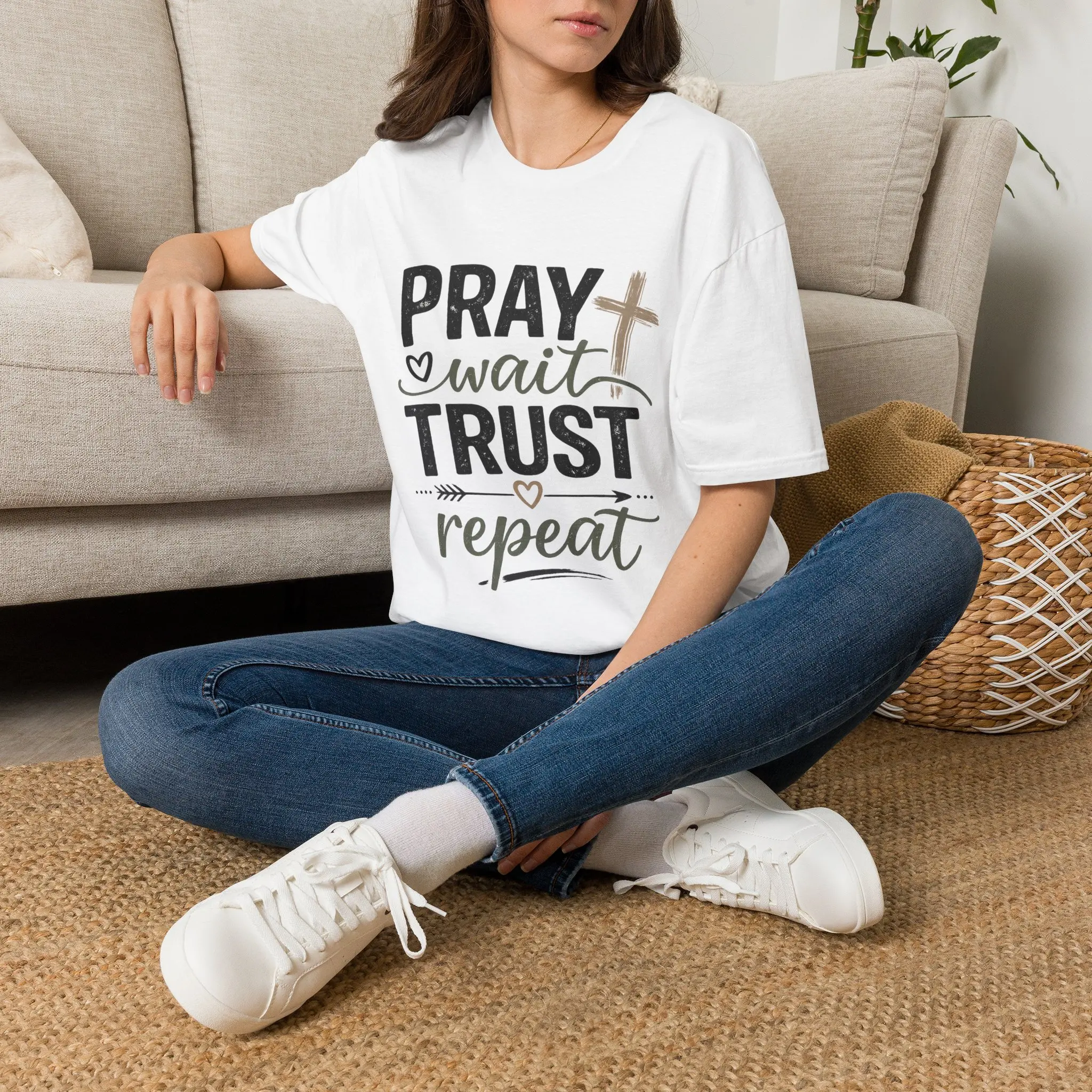 Pray Wait Trust Repeat T-Shirt | Christian Faith Cross Tee Crewneck Cardigan, Heart, Shortsleeve, Drape