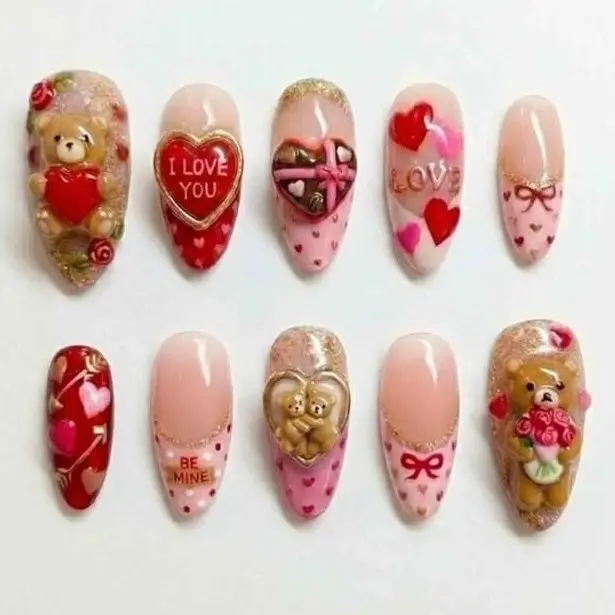 Valentine Teddy Bear Heart Press On Nails, Handmade Reusable Nails with Cute Bear, Love Message, Bow and Gift Details, Soft Pink Red Palette for Romantic Gifts and Dates