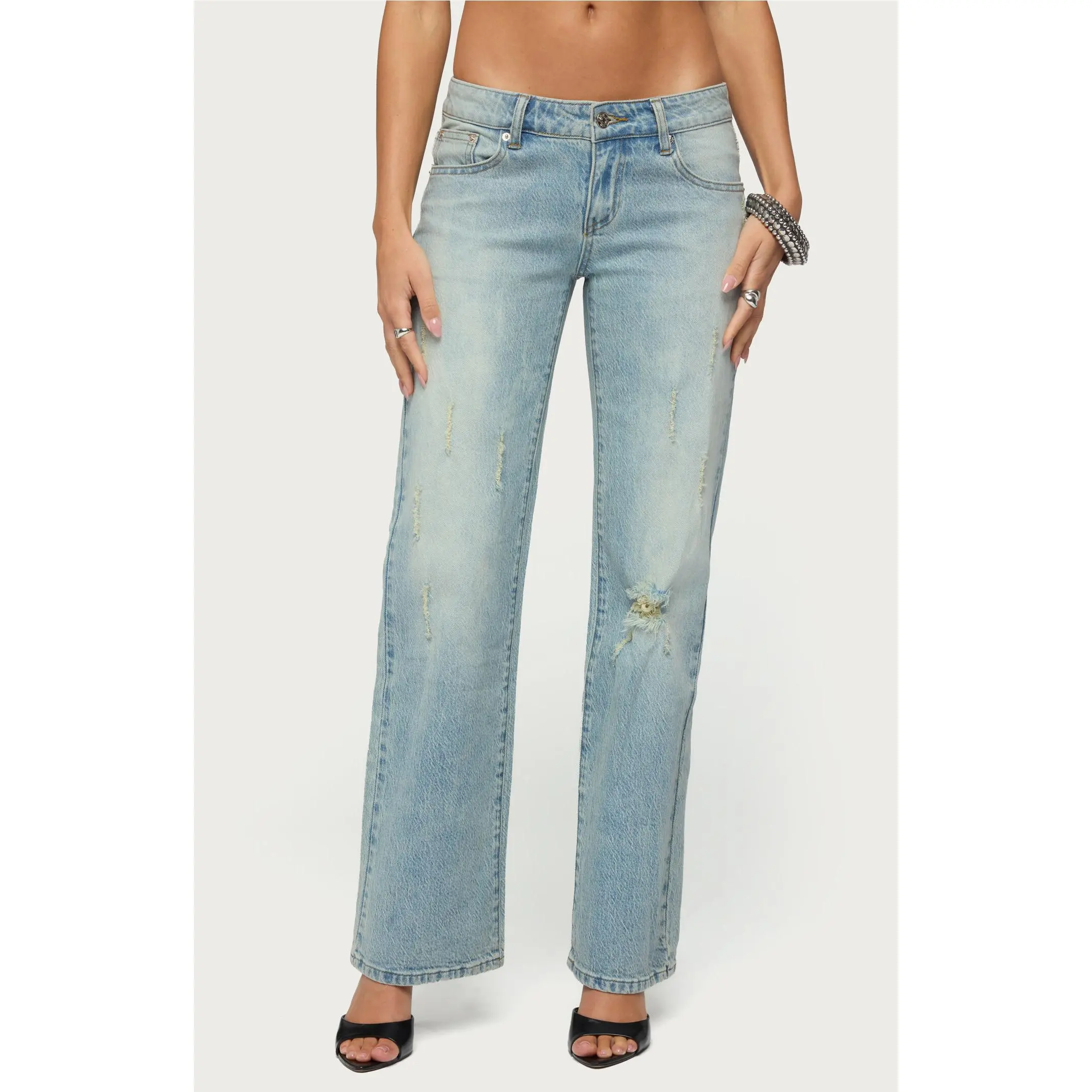 Edikted Women's Lainie Distressed Low Rise Bootcut Jeans