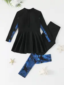 Girls' Plant Print Long Sleeve Patchwork Dress, Two-Piece Swimsuit Set, Swimming Outfit, Sporty Beachwear, All Seasons, Slim-Fitting Swimwear, Plant Print Design, Swimwear Outfits, Swimwear Sets