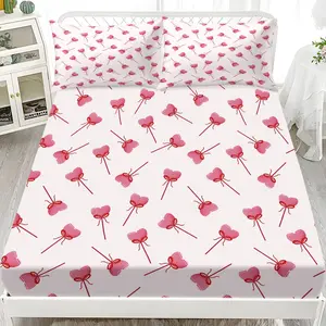 Bedding Sheet Set 3-Piece Heart Print Bed Sheets (includes Pillowcases), 100% Polyester Fabric, Washable, Bow Design, Valentine's Gift