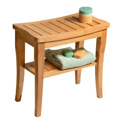 Bambüsi Shower Bench with Storage Shelf from Bamboo – 17" Waterproof Spa Seat & Footrest, Non-Slip Bath Stool for Shower, Indoor & Outdoor Use