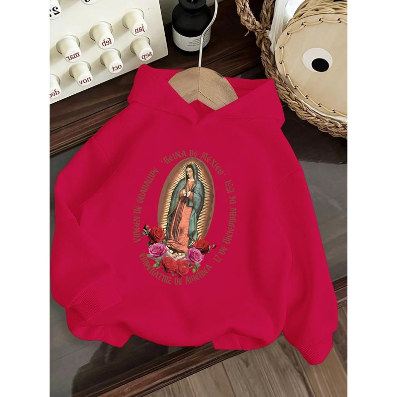 Girls' Mexican Virgin of Guadalupe Hooded Sweatshirt Vibrant Pink Religious Apparel Cozy Fall Winter Pullover for Catholic Girls Soft 100% Cotton Fabric Machine Washable