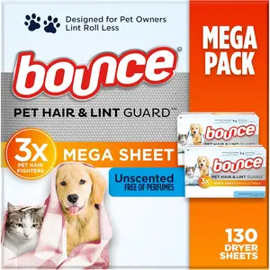 Bounce Pet Hair and Lint Guard Mega Dryer Sheets with 3X Pet Hair Fighters, Unscented, 130 Count Procter & Gamble