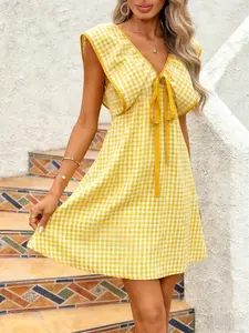 Vibrant Yellow Gingham Tie-Front Mini Dress | Beach Vacation Short Dress Relaxed Yellow Gingham Beach Dress | Swimsuit Cover-Up Mini Dress French Retro Yellow Gingham Dress | Vintage Tie-Front Vacation Mini Dress