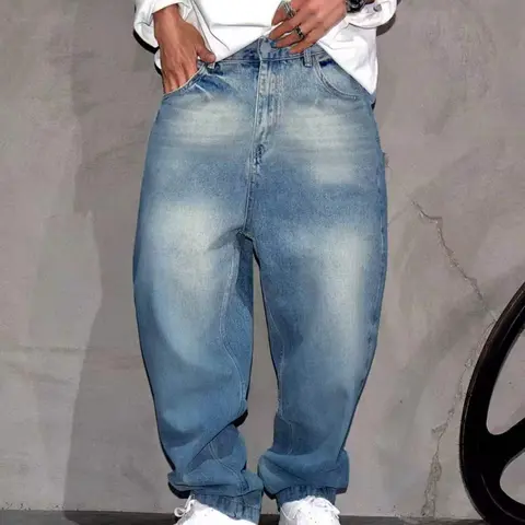 Men's American Regular Fit Vintage High Street Washed Light Blue Plain Straight Loose Denim Jeans, Casual Style, All Seasons, Button Fly Closure, Streetwear Denim Pants