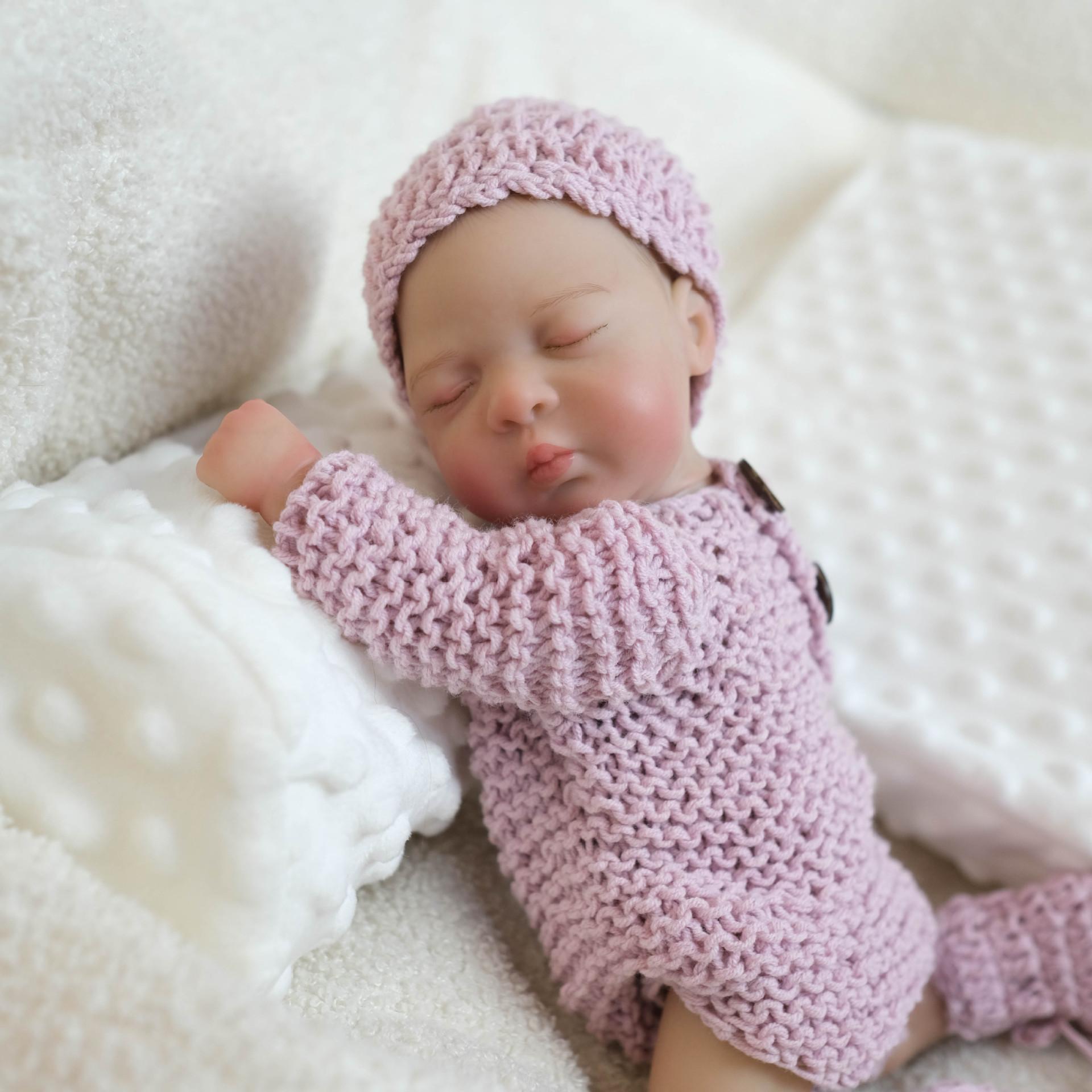 10" Realistic Reborn Baby Doll with Closed Eyes Soft Cloth Body & Vinyl Limbs Hand-Painted Head Handmade Lavender Knit Outfit Lifelike Newborn Doll Gift for Collectors