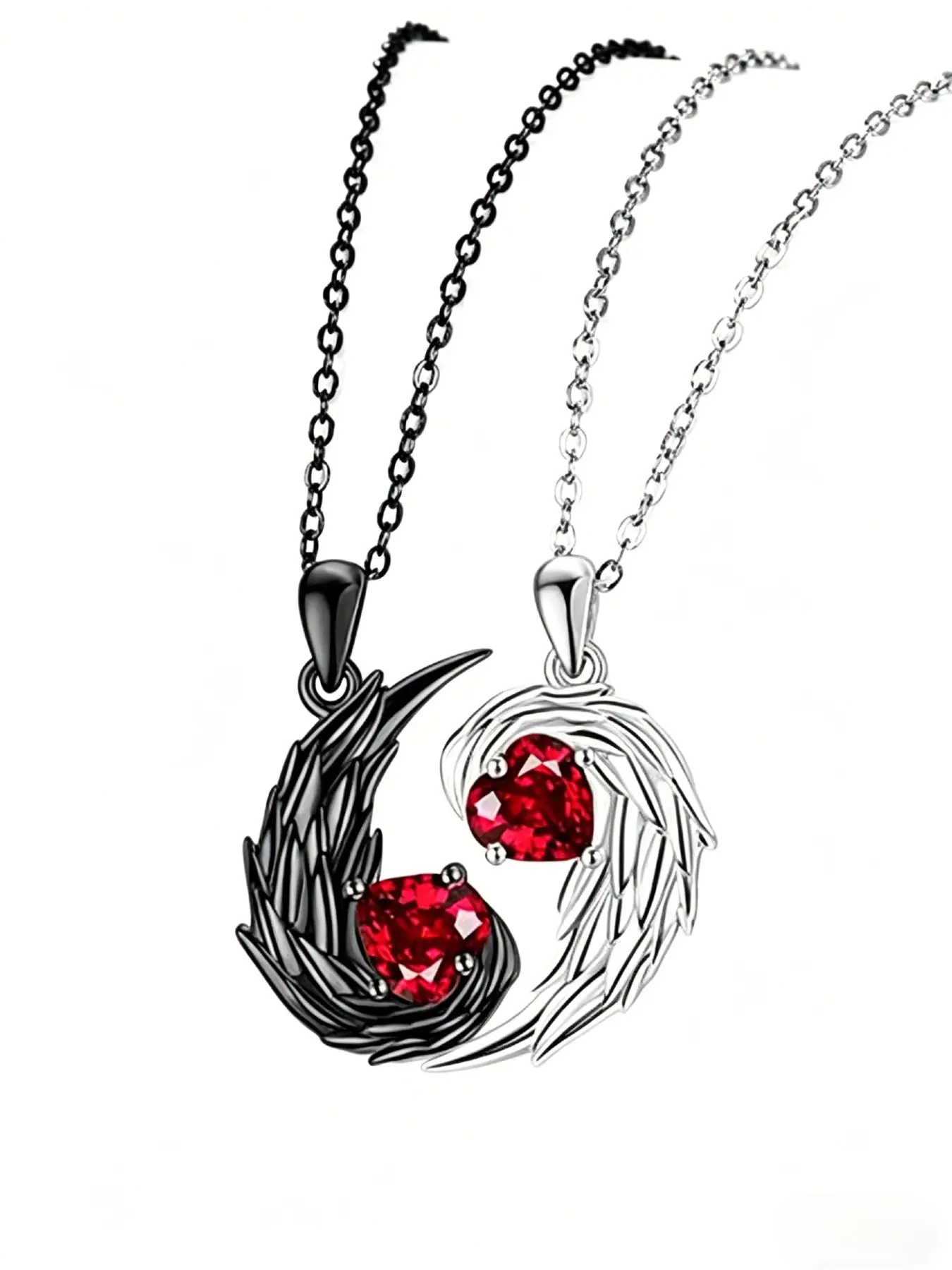 Gothic Wings Couple Necklace, Unique Heart Pendant Design, Romantic Jewelry for Couples, Stylish Unisex Accessory