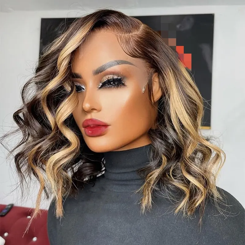 Highlight Bob Wig Human Hair 13x4 HD Lace Front Wigs Human Hair Pre Plucked Hairline Frontal Glueless Short Body Wave Bob Wigs for Black Women Human Hair Ombre Brown Honey Blonde P4/27 Loose Wave