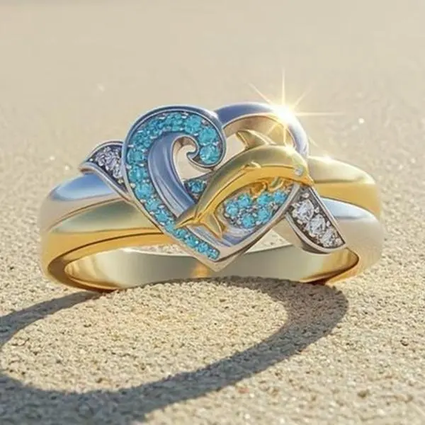 S925 Sterling Silver Ring And Luxurious Dolphin and Heart Ring Summer beach sea,A Stylish travel ring, A Timeless Symbol Of Elegance And Nobility, Is Perfect for Engagements, Weddings Or Anniversary Celebrations And Lavish Gala