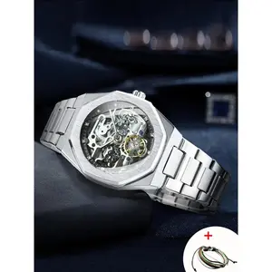 Men's Classic Business Rhinestone Decorated Analog Mechanical Watch, Fashion Watches for Men, Luminous Hands Watch for Party, Daily Clothing Decor, Trendy All-match & Exquisite Watch for Birthday Gift with Box, Mechanical Style Watches