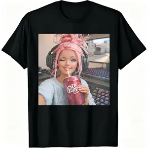 Trendy Pink Hair Doll Winking Meme Graphic T-Shirt Funny Gamer Soda Parody Black Tee Novelty Streetwear Unisex Casual Short Sleeve Y2K Aesthetic Gaming Setup Top Viral OOTD Fashion TikTok Trendy Funny Apparel