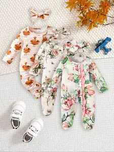 3-Piece Baby Rompers with Bow Headband Minimalist Stripe Style Stretchy Knit + Seamless Stitching For 0-1 Year Old Babies Outdoor Walks/Grocery Runs