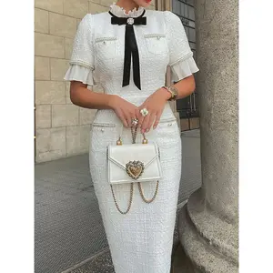 [Pearl Trim Velvet Dress] Elegant Mid-Length Dress - Pearl Trim, Velvet Bow Design with Pleats