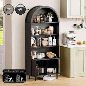 【SummerVibes】DHH 71" Tall Arched Cabinet, Mid-Century Modern Fluted Bookcase & Shoe Storage, Tambour Sliding Door Accent Pantry with Adjustable Shelves & Anti-Tipping outdoorfun