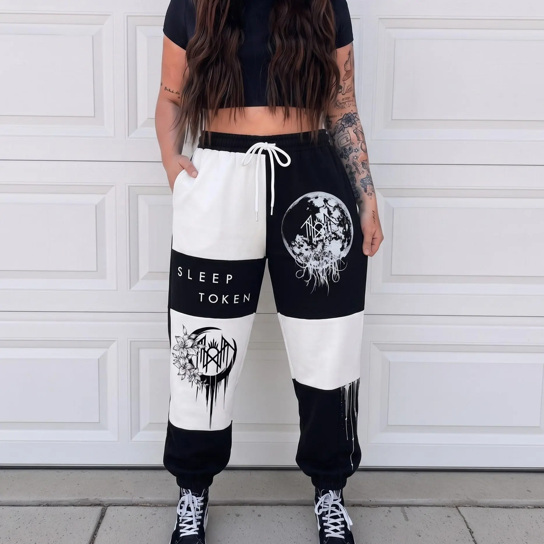 Black & White Moon Band SIeep Token Sweatpants, Gothic Streetwear Pants, Fall Winter Pants, For Men & Women