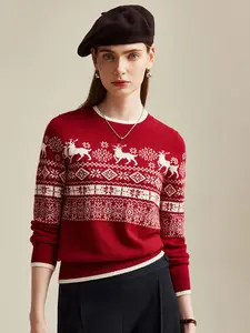 COMOBOCA 100% Cashmere Women's Nordic Reindeer Knit Sweater for Cozy Winter Wear - Figure-Flattering Design