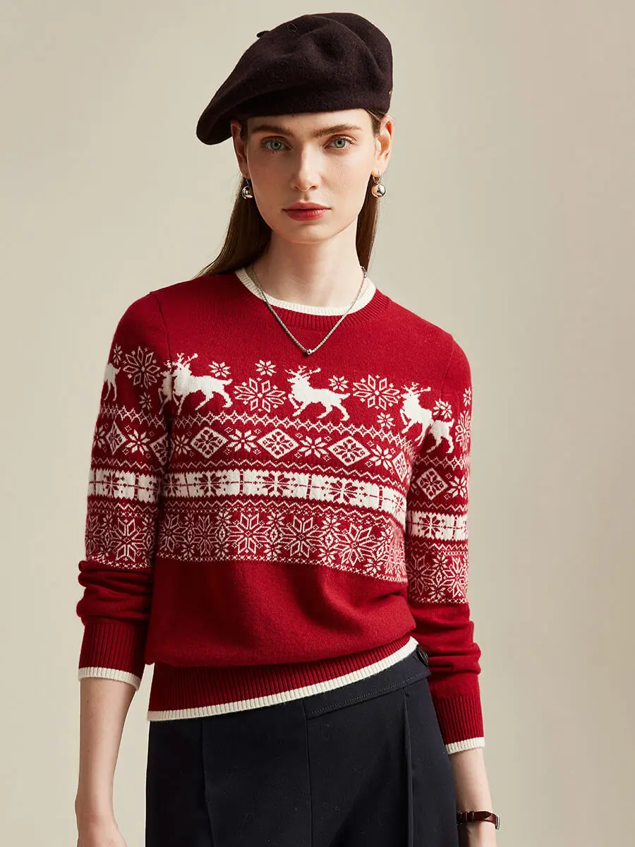 COMOBOCA 100% Cashmere Women's Nordic Reindeer Knit Sweater for Cozy Winter Wear - Figure-Flattering Design