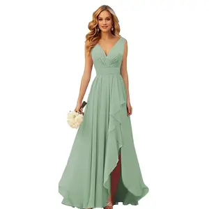 OFEYCHUN Chiffon Sage Green Bridesmaid Dresses for Wedding High Low Ruffle Long Formal Evening Dresses Size 10