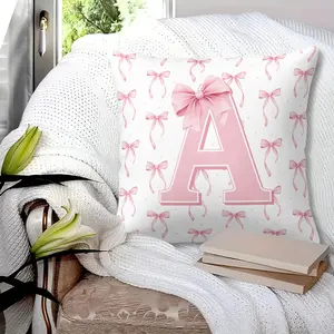 Pink Letter Bow Throw Pillow with Insert, 45cm Square Zippered Accent Pillow, A-Z Letters & Bow Pattern, Soft Comfort, Sweet Style Sofa Bed Car Decor Cushion, Customized Initial Gift