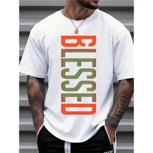 Mens Clothes, T Shirts for Men, Casual Style Design with Print, 100% Pure Cotton Fabric, Loose Fit, Comfortable And Breathable, BLESSED Black T-Shirt, Fashionable And Trendy, Suitable for Daily And Outdoor Wear in Summer