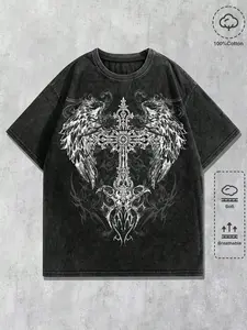 Men's Y2K Grunge Dark Aesthetic Washed T-Shirt – Drop Shoulder Oversized Menswear Tee with Angel Wings & Cross Print, Durable & Comfortable 100% Cotton Casual Streetwear for Going Out, Skate & Festival Fits
