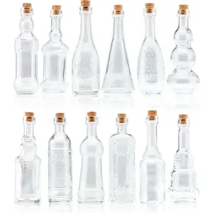 Small Mini Clear  Glass Bottles with Corks, Mini Vases, Decorative, Potion, Assorted Design Set of 12 count, 4.6 Inch Tall (11.43cm), 1.4 Inch Wide (3.56cm)
