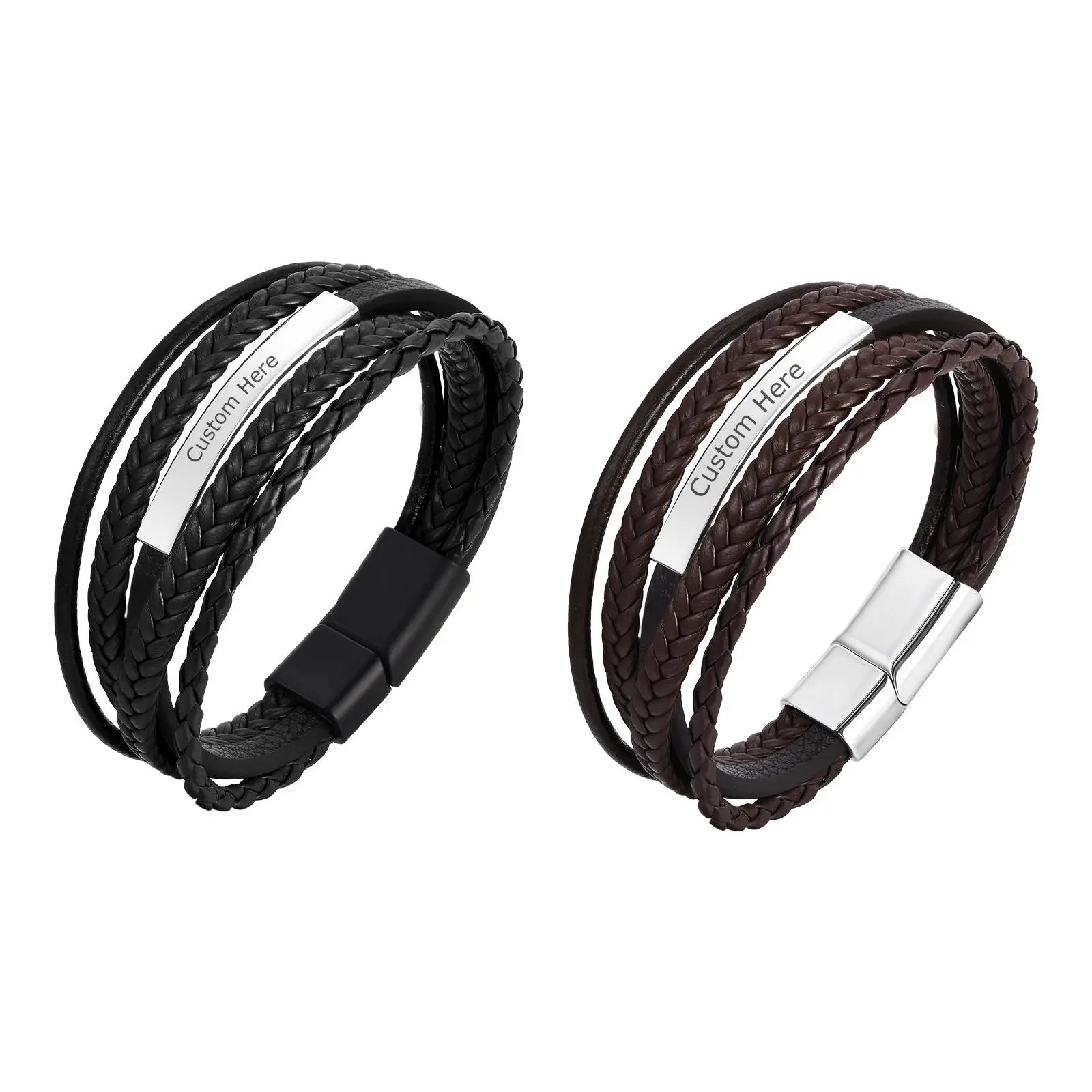 Vnox Free Engraving Men's Bracelet, Multilayer Leather Stainless Steel Long Bar Charm Wristband, Brown Black Braided Jewelry New