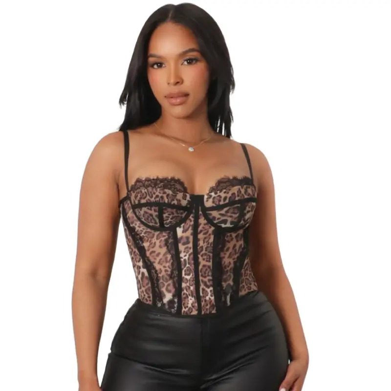 Leopard Mesh Corset Top with Lace Trim and Adjustable Straps Women Sleeveless Womenswear