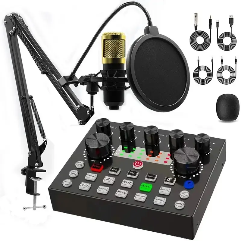 Capacitive microphone with V8S sound card kit, professional podcast equipment, Recording studio equipment, including DJ mixing effect board audio interface, suitable for live streaming, recording, singing and home use