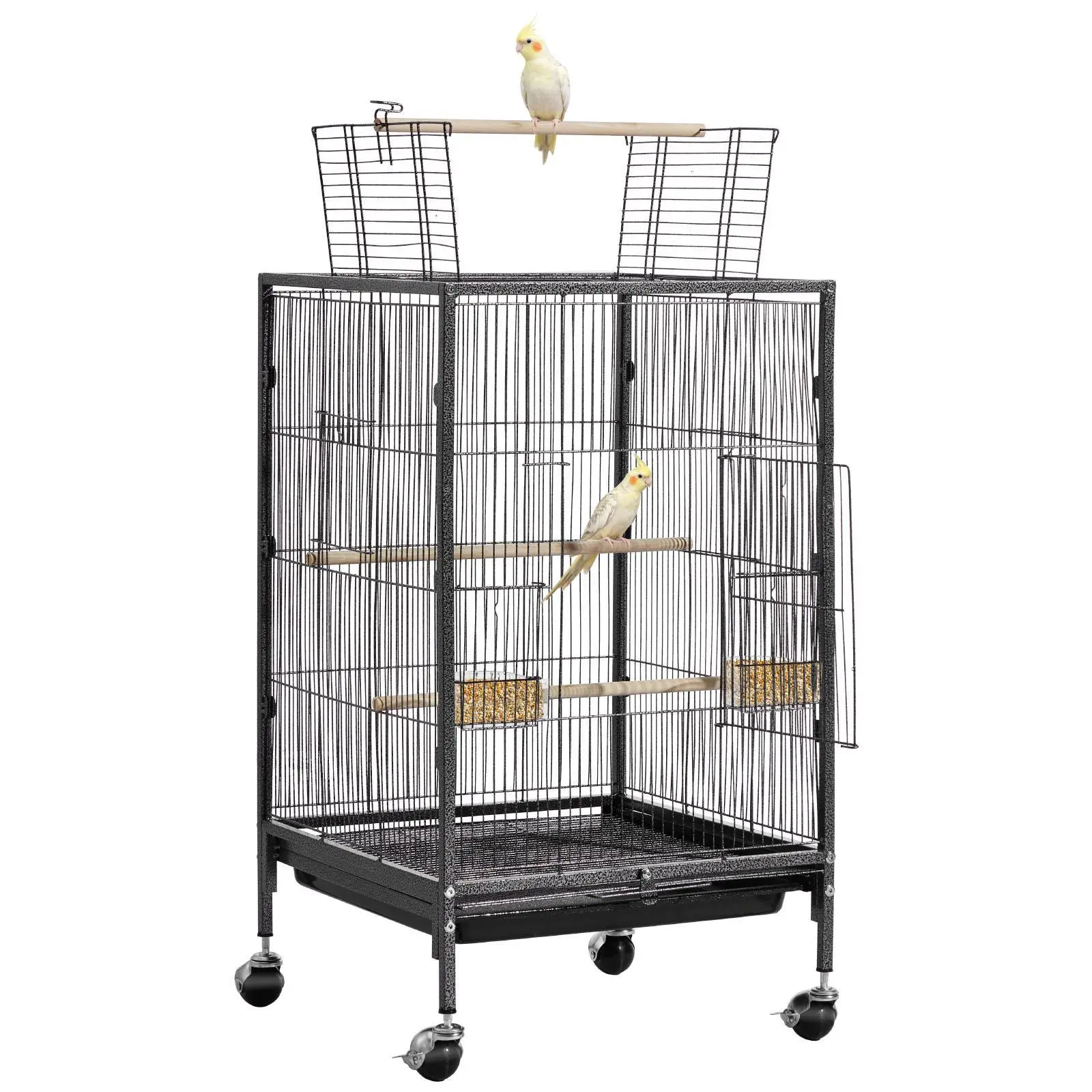 【SummerFinds】VEVOR Durable Iron Bird Cage, 18x18x29.5in, Bird Supplies Birdcage with Open Flat Top, Perches, Slide-Out Tray, Plastic Feeders, Lockable Wheels, Secure Lock, for Parrots, Lovebirds