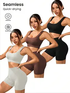【Clearance sale】 Women's Short Sleeve Yoga SetWomen's Minimalist Solid Color Push Up Bra & High Waist Boxer Briefs Set for Spring, Summer Clothes Women, Workout Sets Yoga Lounge Suit Stretchable Activewear Sportswear All Seasons  tiktok shop coupons