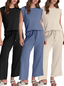 Two Piece Sets for Women Summer Outfits Lounge Sets Mock Neck Tops Wide Leg Crop Pants Vacation Travel Outfits Women's