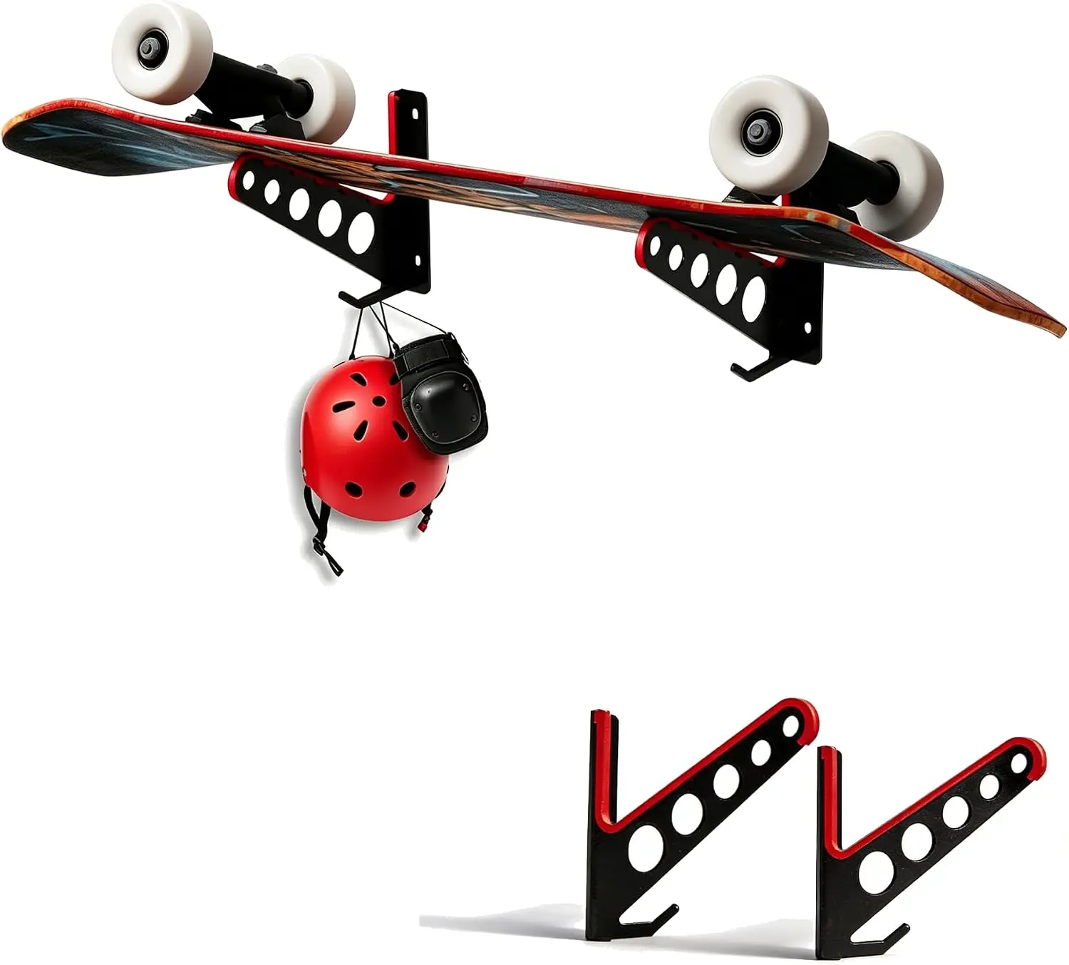 Skateboard Rack Wall Mount with Hooks, Metal Holder for Longboards, Snowboards and Skis, Sports Equipment Organizer for Home Garage