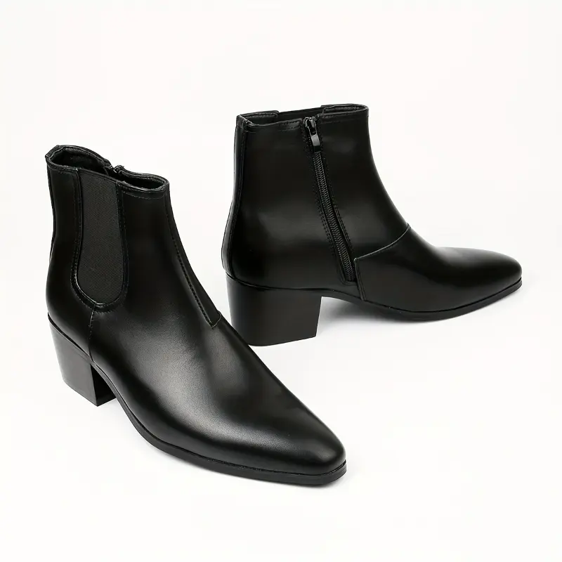 Men'S Stylish Black Ankle Boots with Chunky Heel - Glossy Finish, Zipper Closure, Faux Cover, Perfect for Casual or Formal Wear, Formal Footwear | Chunky Heel Boots | Zipper Closure Boots Boy Walking Shoes