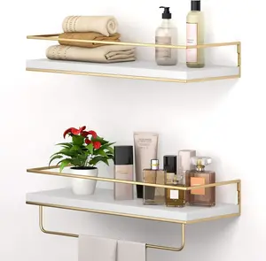 White Floating Shelves - Set of 2, Wall Mounted Hanging Shelves with Gold Towel Bar, Decorative Storage Shelves for Bathroom, Kitchen, Living Room and Bedroom (White and Gold, 15.7 inches)