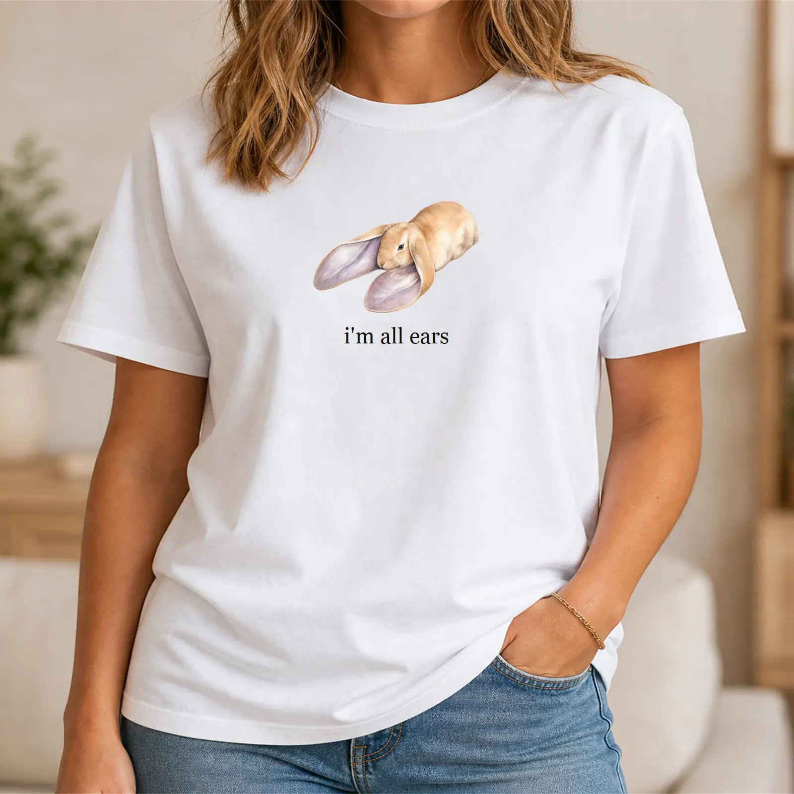 I’m All Ears Bunny Graphic T-Shirt, Cute Rabbit Casual Short Sleeve Tee for Women