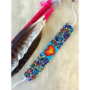 Corazón Universo - Orange Heart & Multicolor Huichol Loom Beadwork Bracelet