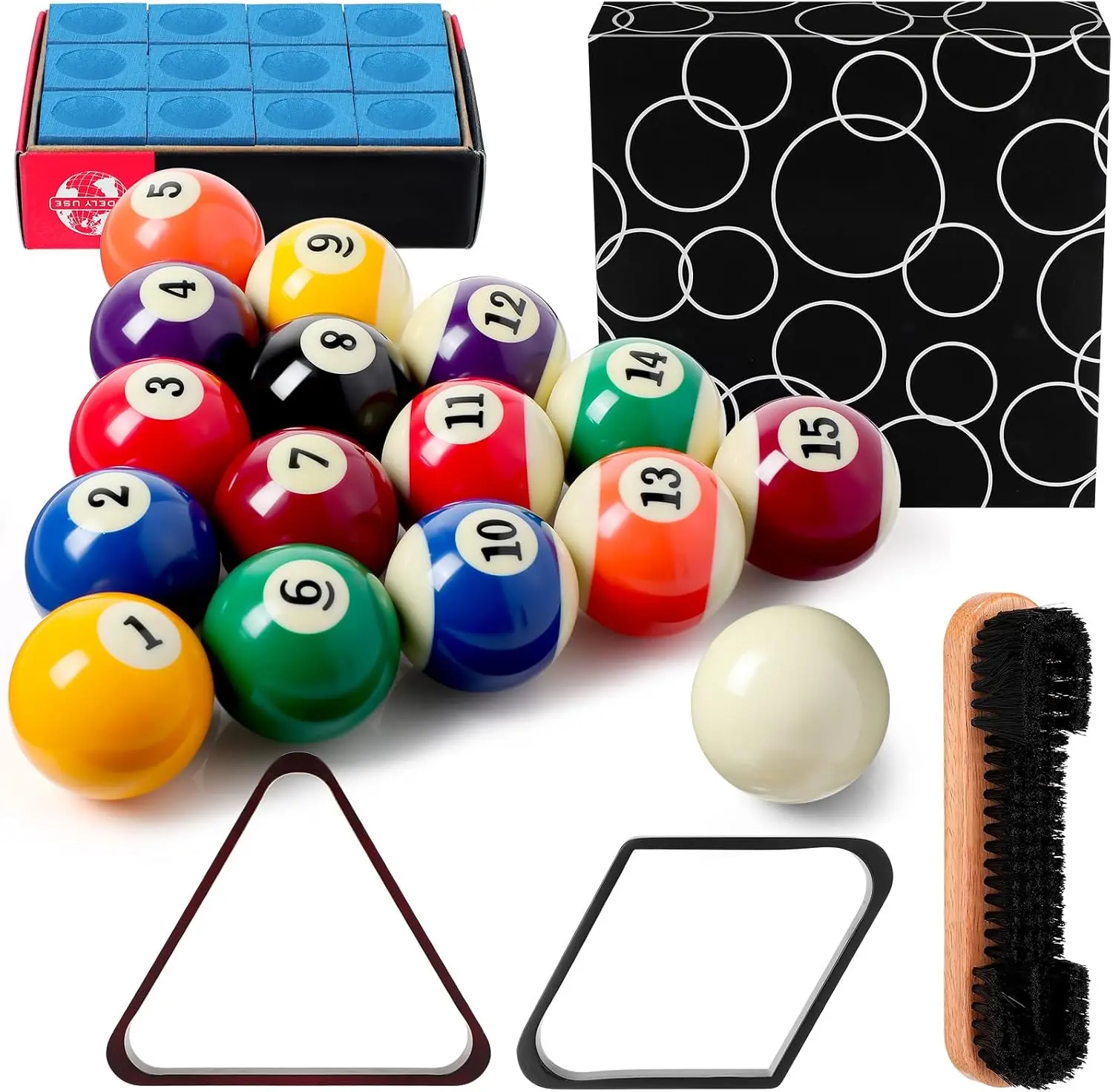31 Pcs Pool Table Balls Billiard Accessory Kit with 16 Table Balls 1 Triangle Billiard Rack 1 Diamond Holder 12 Rack Cue Chalks 1 Brush for Friend Travel Office Desk Games Bartop