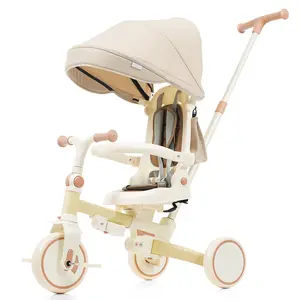 7-in-1 Foldable Baby Tricycle | Removable Parent Push Handle + Pedals | Canopy & Guardrail | 12-72M On-The-Go Fun!
