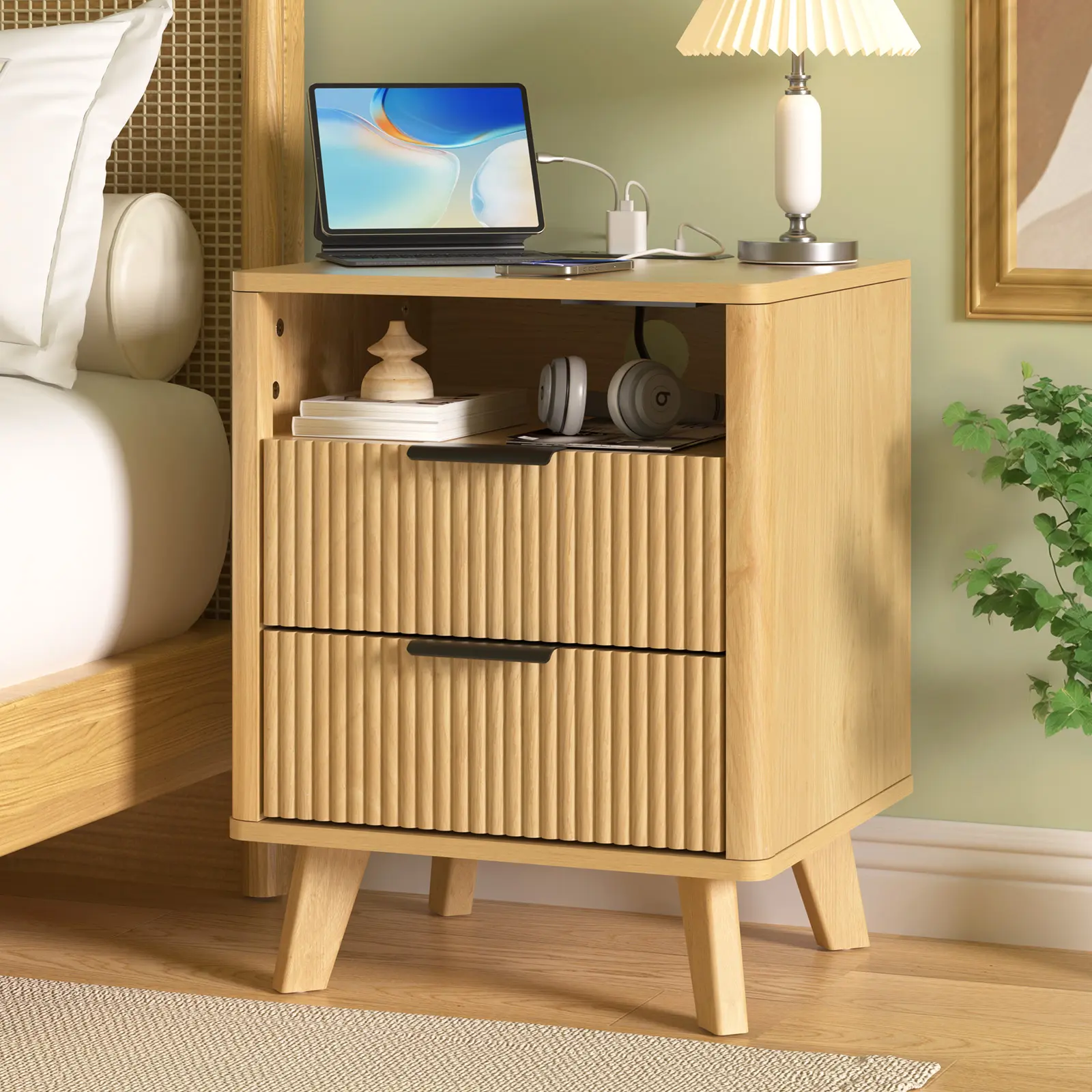 HOMMPA 18'' Fluted Nightstand with Charging Station, Modern Bedside Table with Open Shelf, 2 Drawer Bed Side End Table with 4 Support Legs, Mid Century Modern Wood Night Stand for Bedroom